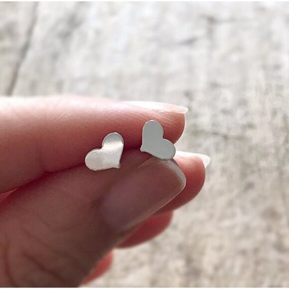 Sterling Silver Flat Heart Stud Earrings for Valentine's Day Gift Idea - Picture 1 of 4